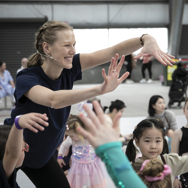 Australian Rambert Grades and RAD teacher Holly Pooley teaching a Creative Movers class. Image by Belinda Strodder.